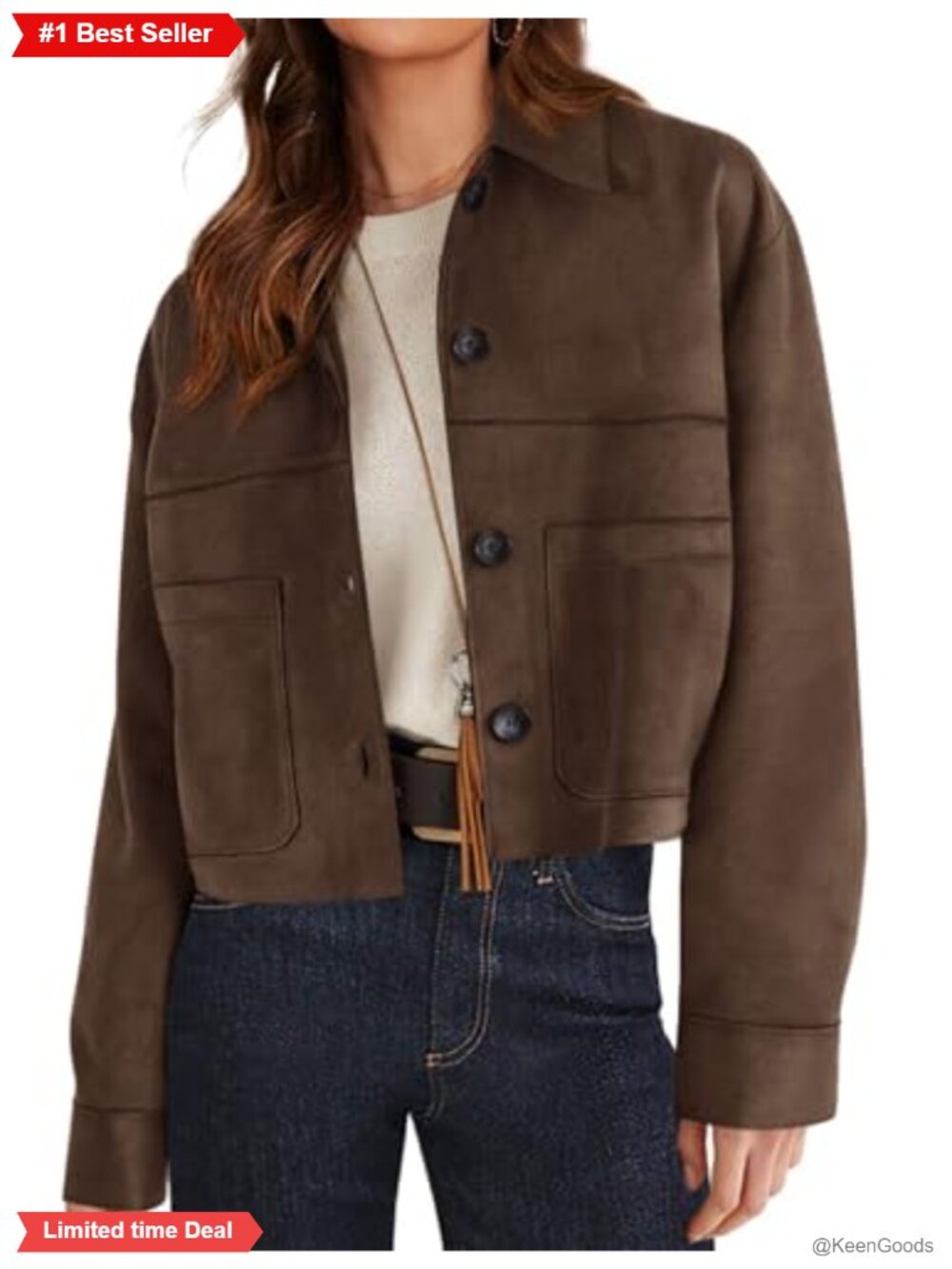 Faux Suede Shacket Jacket Lightweight Cropped Button Front Loose Fit Women's